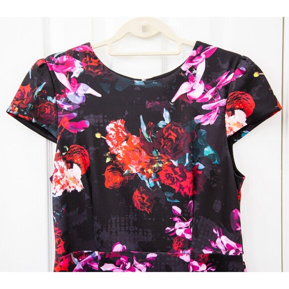 Betsey Johnson Black Floral Print Scuba Sheath Midi Dress, size 12 - Picture 2 of 10